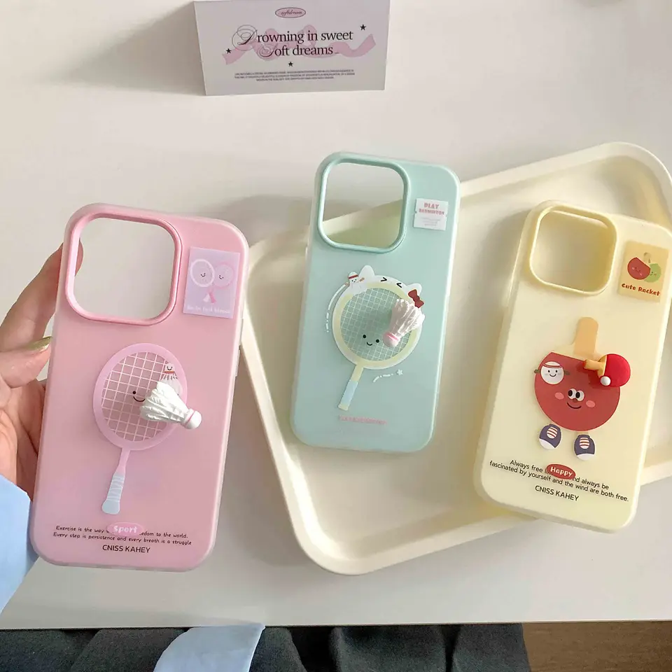 3D roztomilý badminton rotačný škrupina pre iPhone 15 14 13 14Pro 15Promax 12 Pro Max