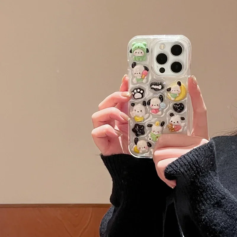 3D roztomilý karikatúra Sanrio Pochacco Stereoskopický telefón pre iPhone 16 15 Pro 14 13 12 11 Pro Max Transparent Hard TPU TPU