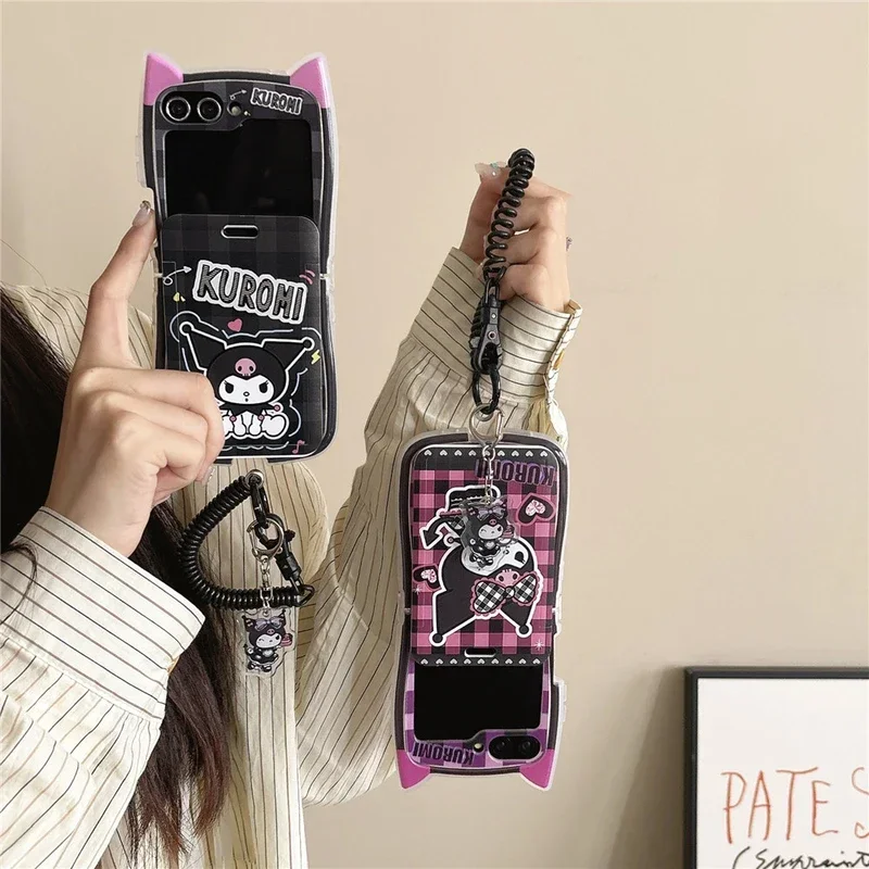 3D roztomilý karikatúra Sanrio y2k Kuromi peňaženka karta vreckový telefón pre Samsung Galaxy Z Flip 6 5 5G 4 3 Soft TPU Cover s Lanyardom