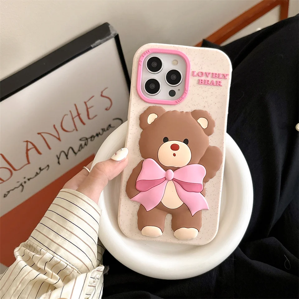3D roztomilý vtipný karikatúra Krásny medvedí telefón pre iPhone 15 14 13 Pro Max 12 Pro Max
