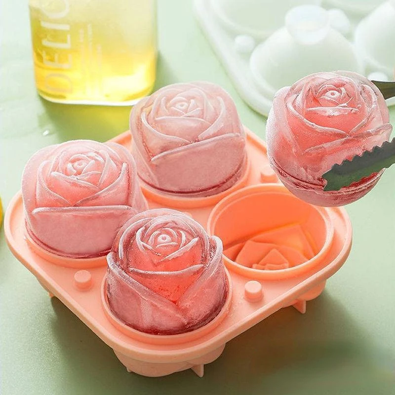 3D ružové ľadové formy Kuchyňa 2,5 palca Malé podnosy na kocku Ice Make 4 mriežky Roztomilý kvetinový tvar Silikónový gumový zábavný výrobca ľadových guličiek