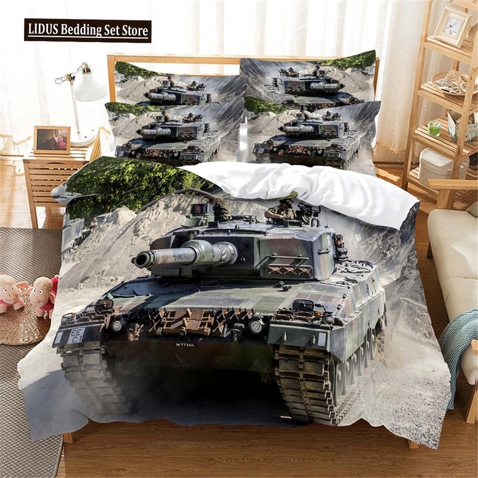 3D tank obliečky na obklopenie tanku Tlač vojnovej vojnovej vojenskej zbrane pre deti dospievajúci ženský darček pre dekorácie spálne kráľovná kráľ