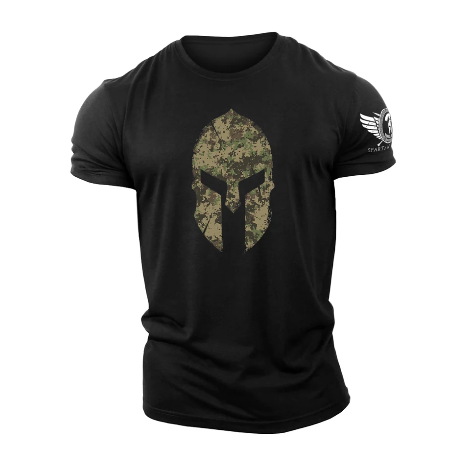 3D tlač Spartan Helma Woodland Camo Spartan Falged Gym Tričko vysokokvalitné bavlnené pánske rukávy Truck Guy Tričko
