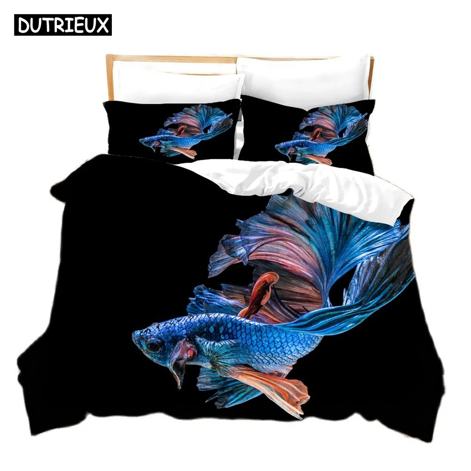 3D tlačená karikatúra Fish Photo Chinoiserie podstielka položená prikrývka s vankúšom Double Complete King
