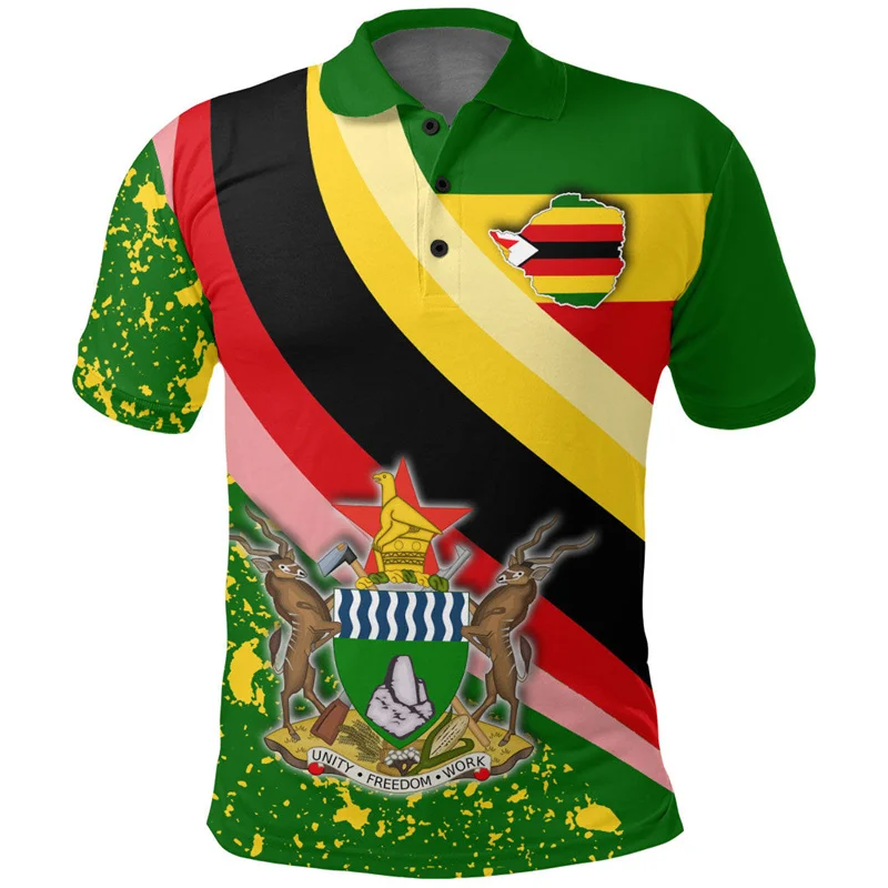 3D tlačená zimbabwe vlajková mapa pólové košele pre mužov Africa Národný znak vzoru Krátke rukávy Príležitostné klošné vrcholy voľné streetwear