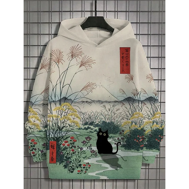 3D tlačené japonské mikiny harajuku pre mužov Mountain Cat chápadlo grafické mikiny neformálne voľné s kapucňou s dlhým rukávom