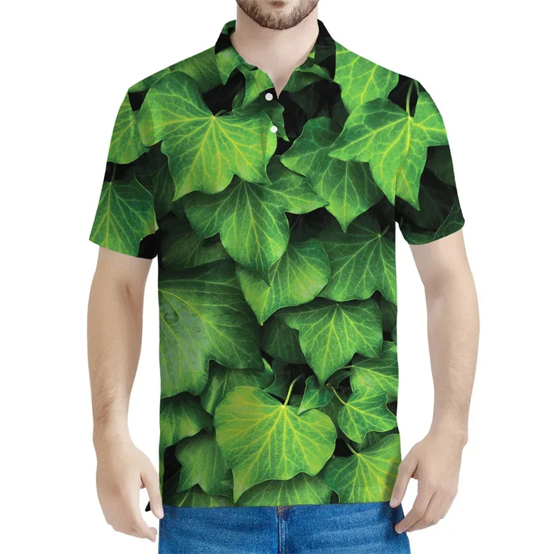 3D tlačené zelené rastliny Polo košeľa pre mužov listov listy Tees Fashion letná ulica s krátkymi rukávmi gombíky