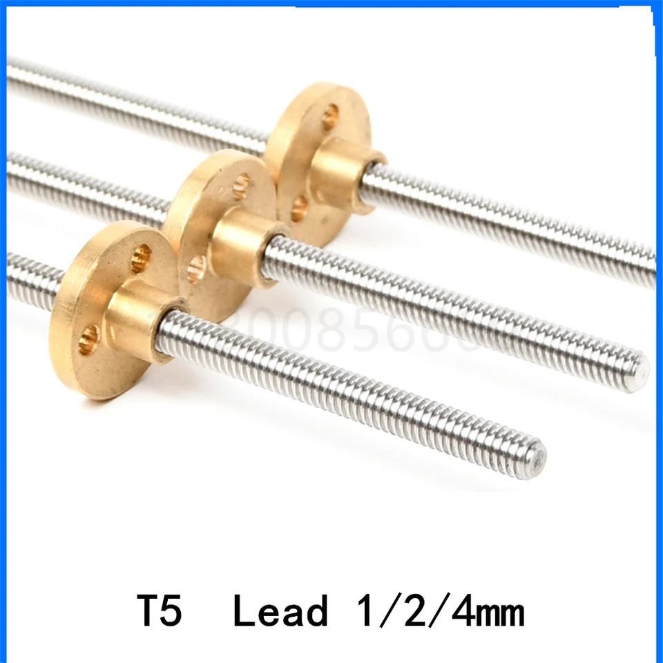 3D tlačiareň CNC lichobežná tyč T5 olovná skrutka 5 mm s dĺžkou lineárnej hriadeľa s mosadznou maticou 100/450/400/500/550 mm