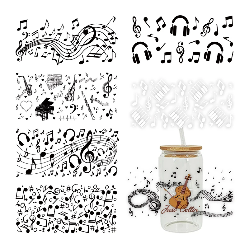 3D UV DTF Hudba a poznámky Tlačené prenosy nálepky 16oz pohárové zábaly pre DIY sklenené keramická kovová koža atď. D17517