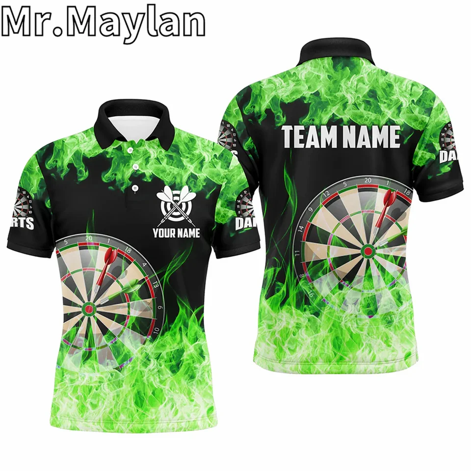 3D zelený oheň Flame Dartboard Men DARTS Polo Tirls Custom Darts Tirls for Team Dart Jersey Gifts for Darts hráči unisex topy