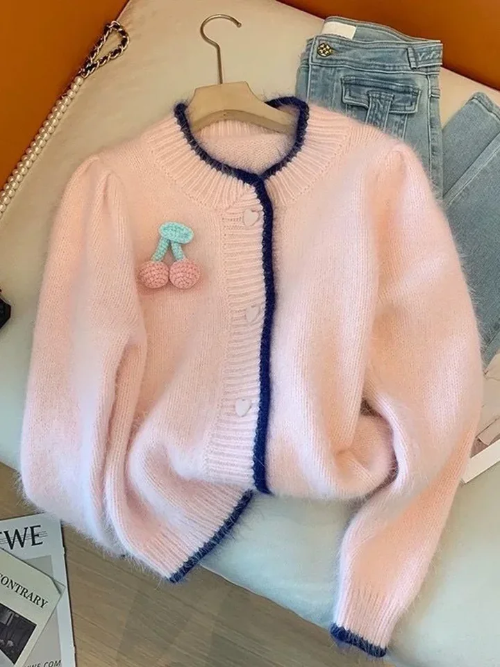 3D čerešňové sladké ružové svetry svetre Japan Japonsko Príležitostné pletené srsť s dlhým rukávom Chic o krk preppy štýl elegantné vrcholy