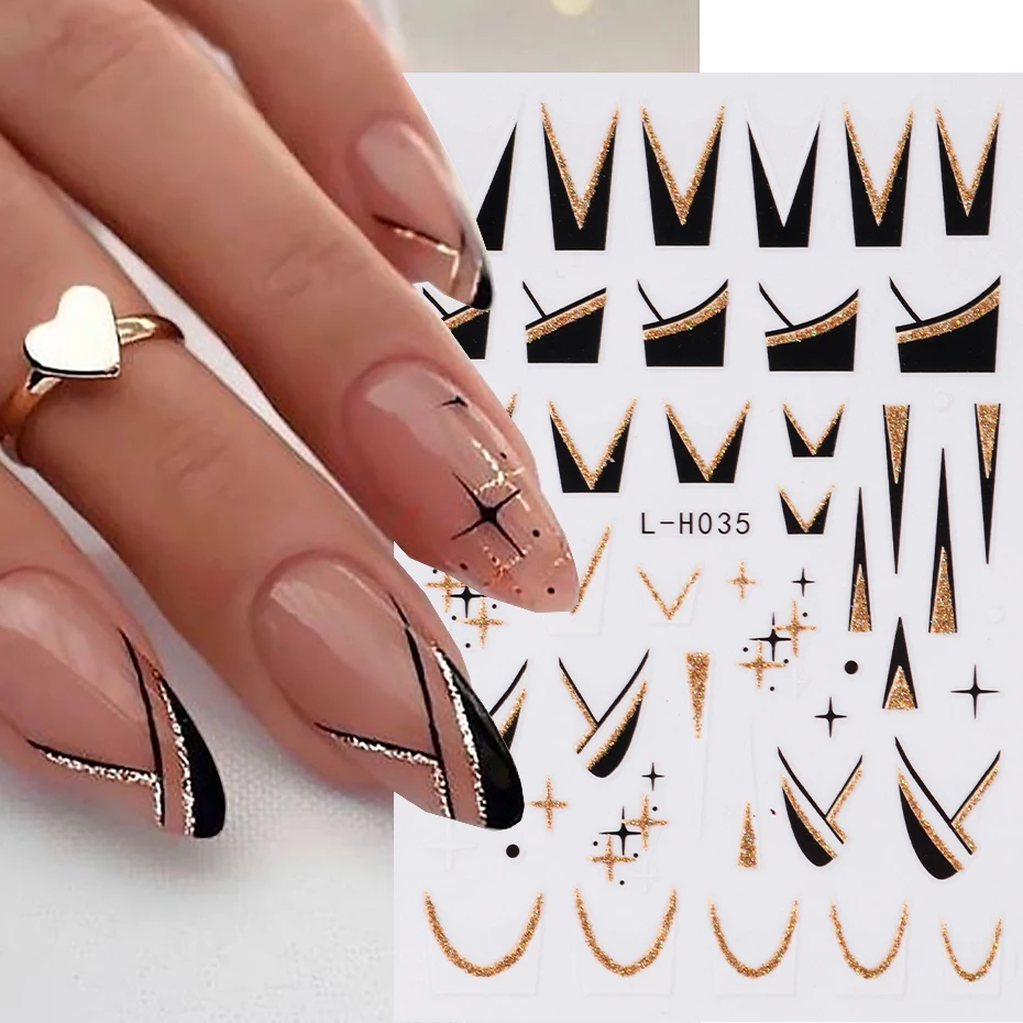 3d čierna zlatá nálepka na nechty hviezda Leopard Wave Line Geometry Abstrakt francúzskych nechtových posúvačov obtisky manikúrová dekorácia