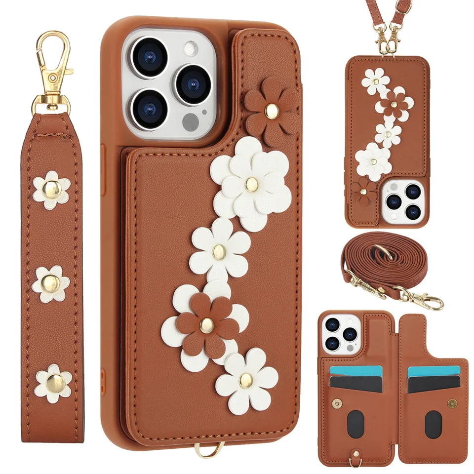 3in1 Crossbody Round Wrist popruhy kvety kožené puzdro na peňaženku pre iPhone 15 11 12 13 14 16 Pro Max x xr xs 7 8 plus SE kryt