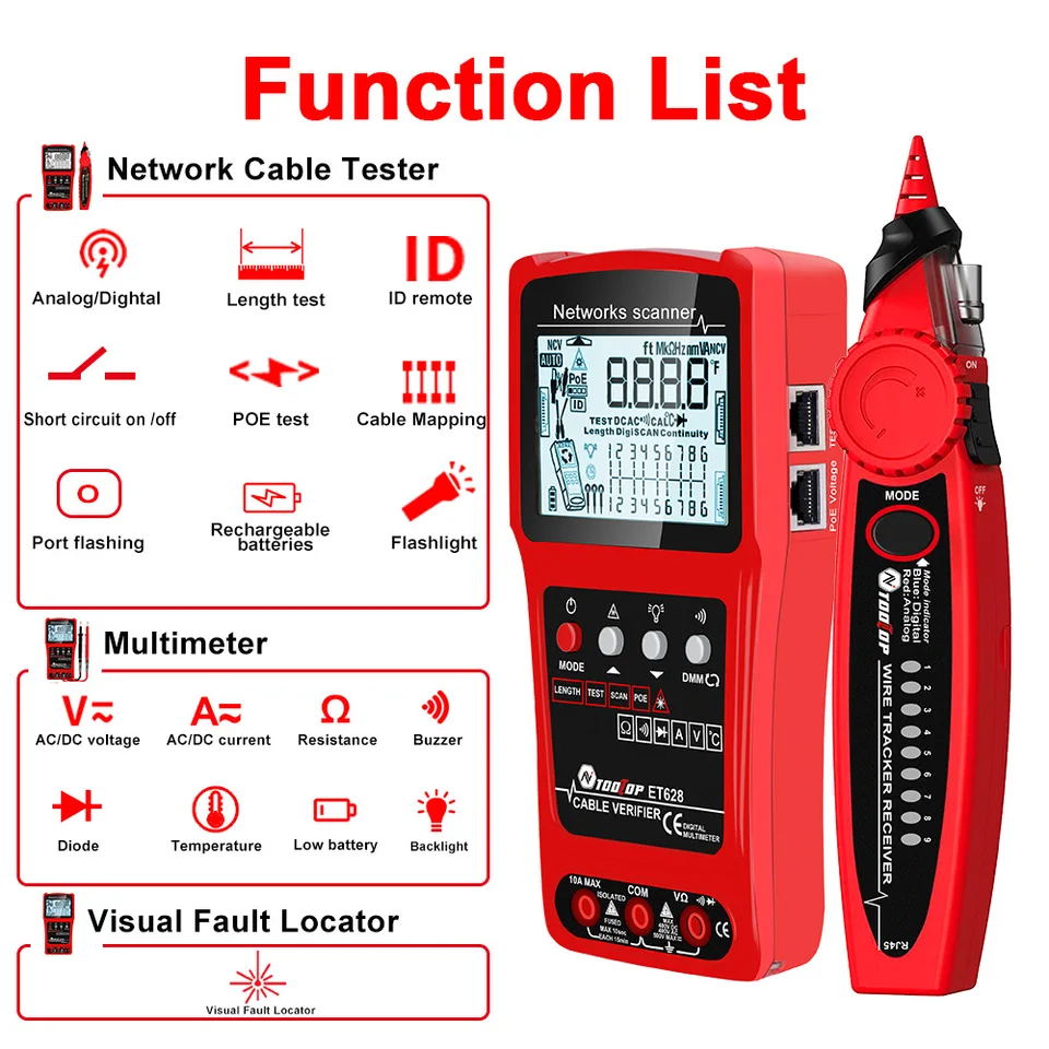 3in1 Multimetrový sieťový nálezový labkovací kábel tester ET624 ET626 ET628 Telefónny sledovací vodič TRACER Toner Detector Finder