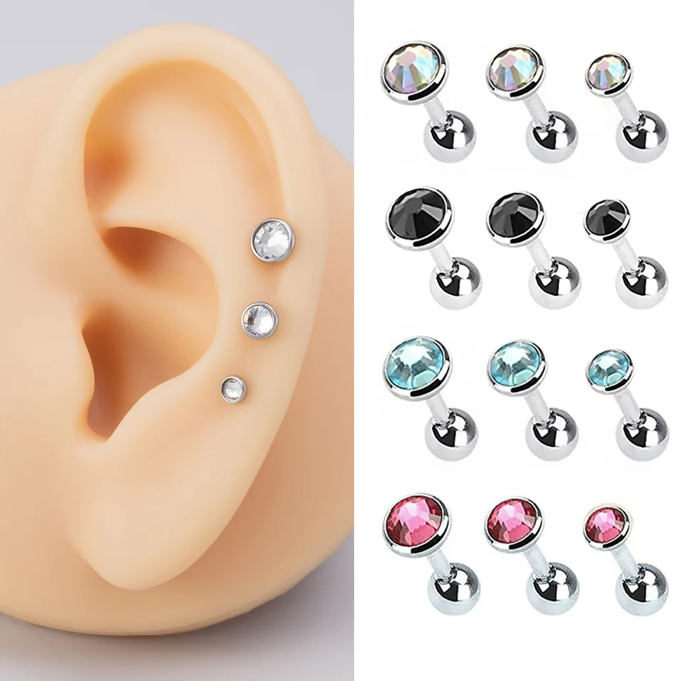 3ks 3/4/5 mm Cz Crystal Top chrupavku špirála Stud Piercing pre ženy Men muž z nehrdzavejúcej ocele Drobné piercingové náušnice 16G