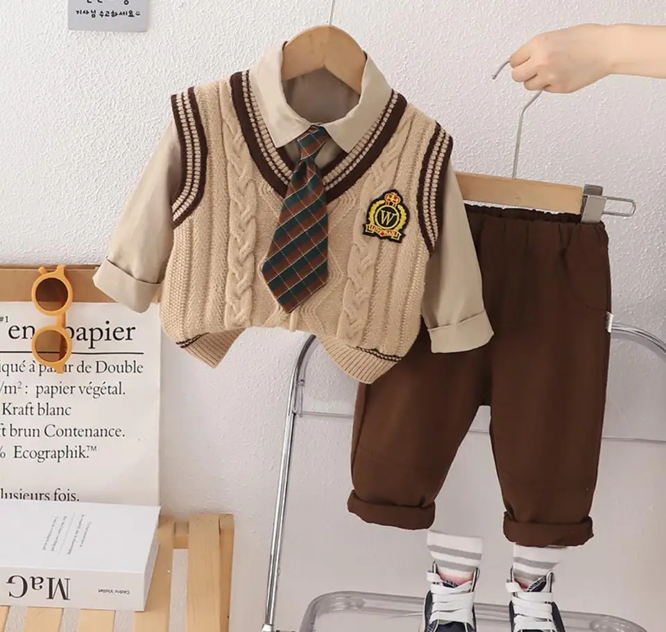 3KS Boys Sweater Sety Spring Autumn Kids V-krsták preppy pletená vesta+tričká+nohavice Príležitostné oblečenie pre batoľatá detské oblečenie detské oblečenie