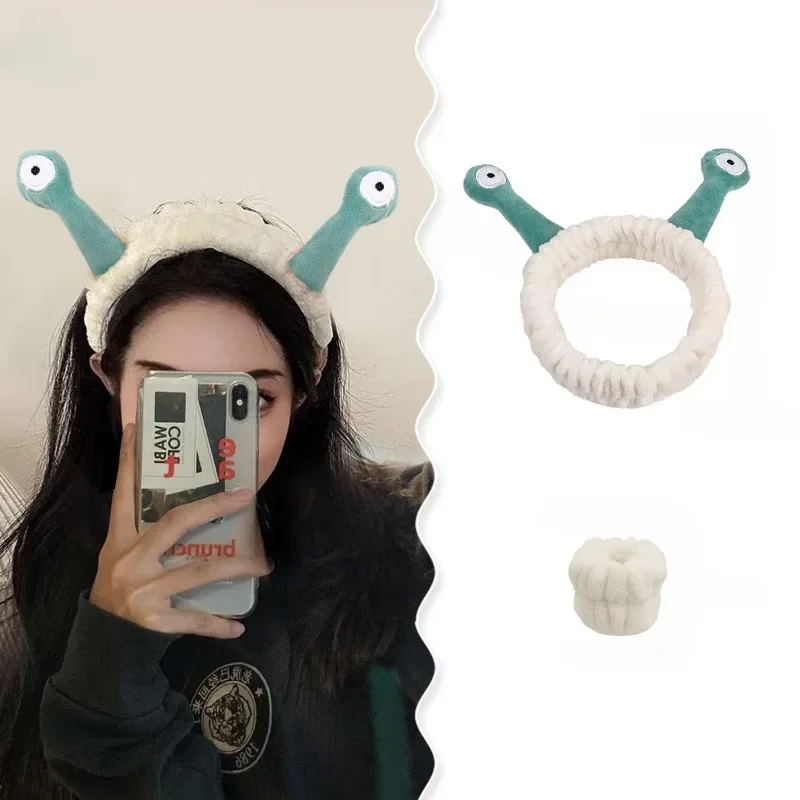 3KS Cute Cartoon Snail Hairband náramok Set Dámske vodotesné fleecové zápästie uteráky č.