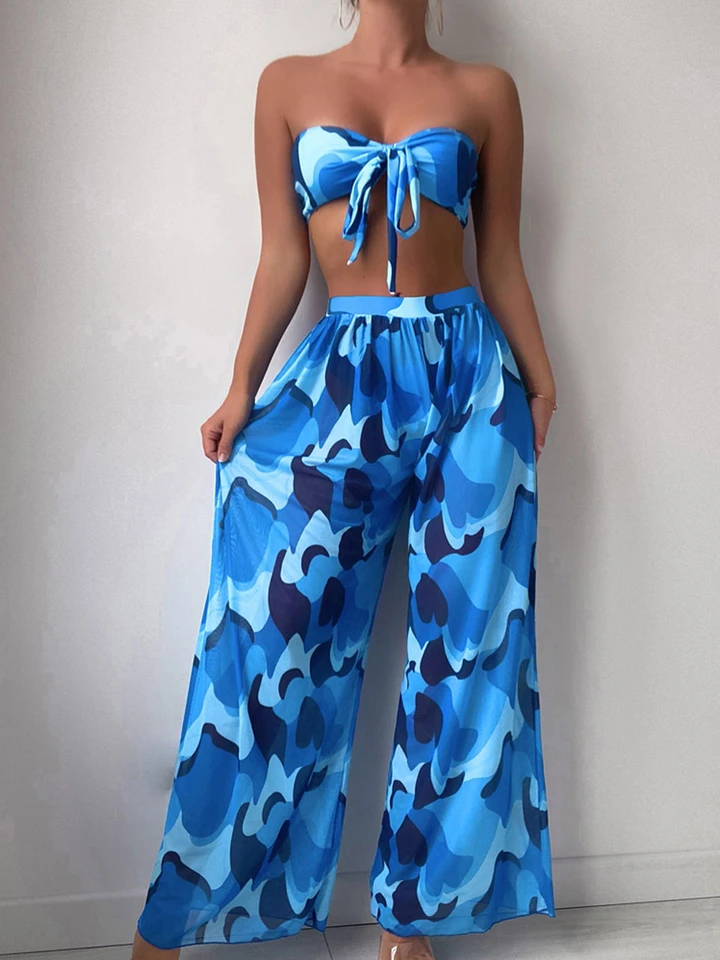3ks kravaty predné bandeau bikiny set 2023 dámske trojuholníky plavky ženské tlačené plavky s plážovými nohavicami Sexy čalúnené plavky