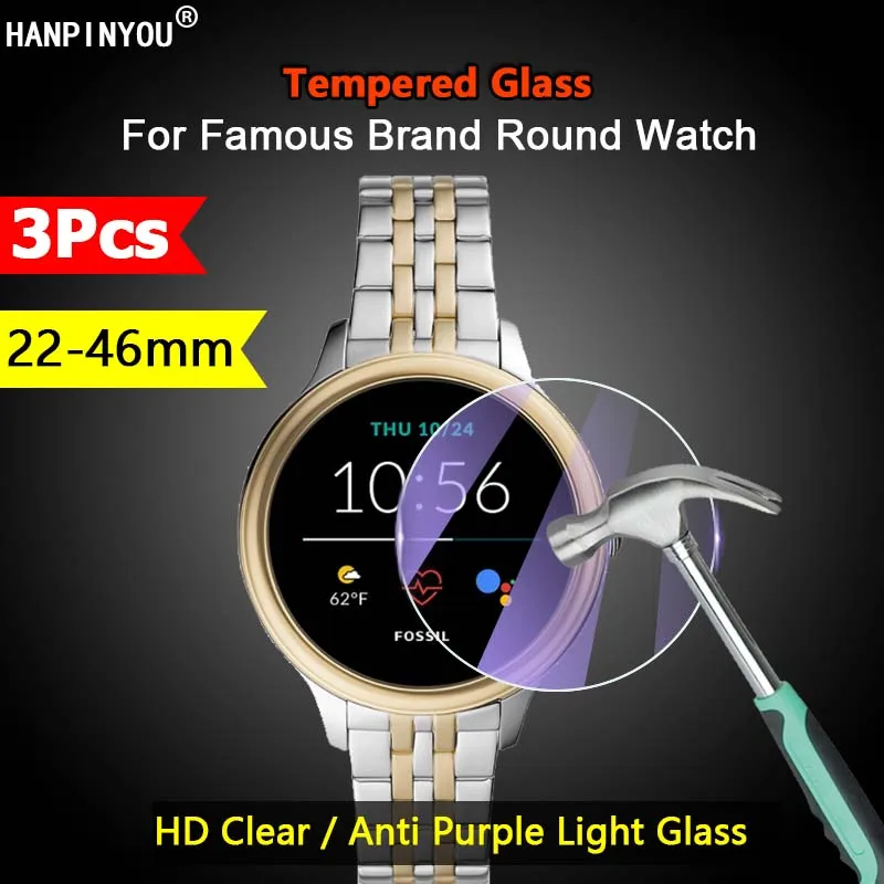3ks pre AmazFit Suunto Citizen 22-46 mm Priemer Round Watch Clear / Anti Purple Light 2,5D Temperovaný sklenený filmový chránič obrazovky obrazovky
