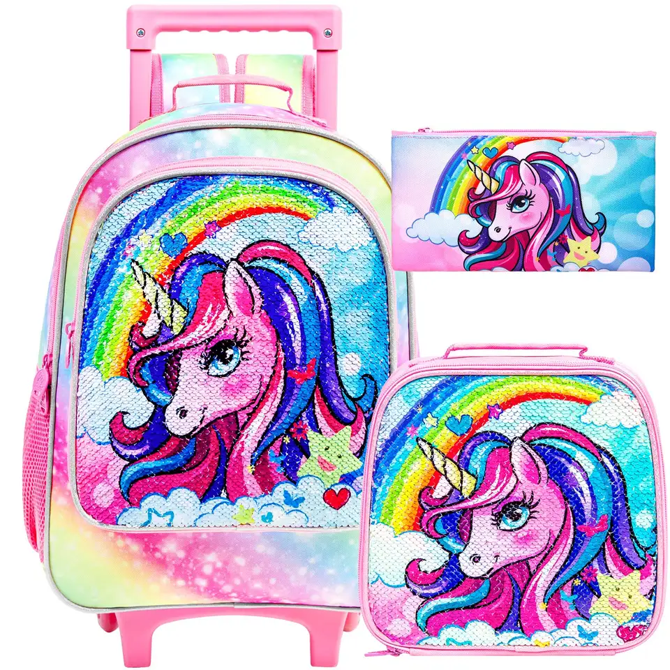 3KS Rolling Batoh pre dievčatá Detské kolesá Roller Bookbag s obednou taškou Rainbow Unicorn Pattern Design Glow-the-the-the Functi