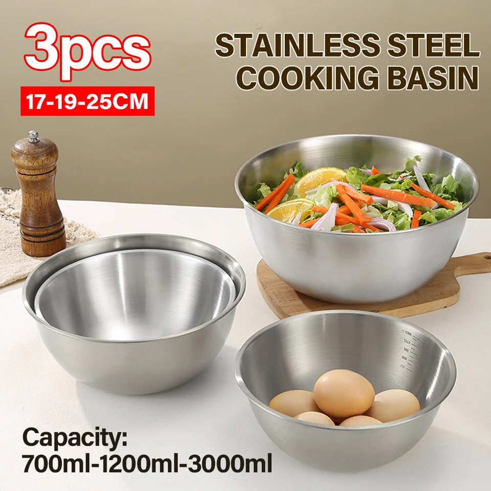 3ks/set Cooking misa s mierkou z nehrdzavejúcej ocele Mixácia misky Kuchyňa Preppppping Salad Whisk misa 700 ml+1300 ml+3000 ml