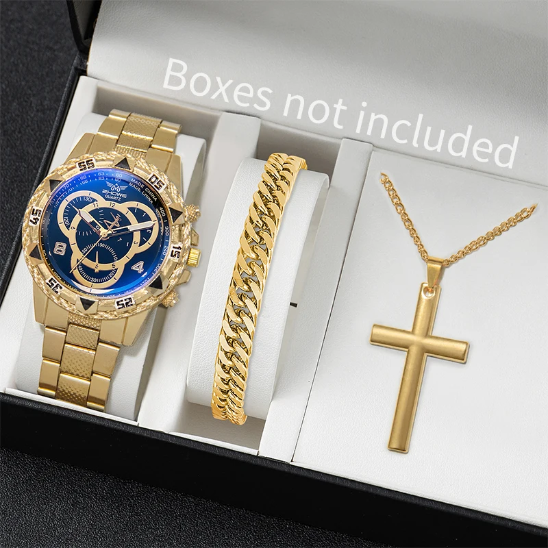 3ks/set Fashion Big Dial Dial Men's Business Watches Steel Band Muž Analog Quartz Watch （bez krabice）