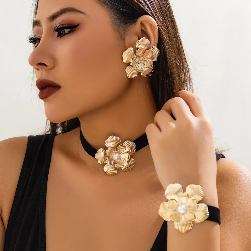 3ks/set goth elegantné čierne koreanské všadele ružové kvetinové kvetinové náramok náramok