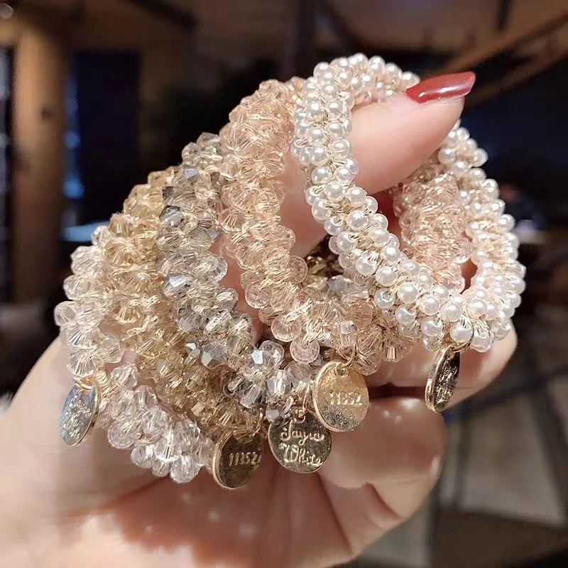 3ks/set krištáľové perlové korálky Elastické pásma Scrunchies vlasové doplnky Ženy