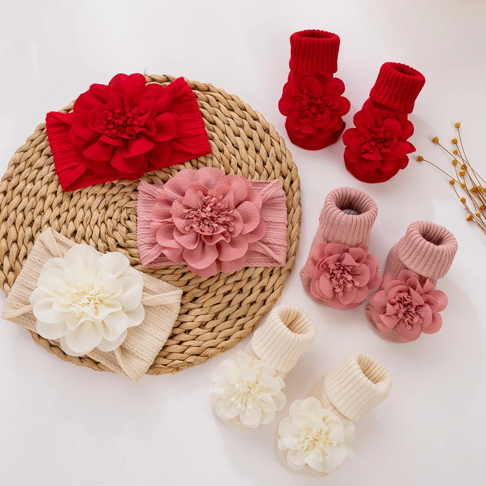 3ks/set Lace Flower Baby Čelenky ponožky Cotton Neklip Anklet 0-12M pančuchy široké elastické vlasové pásy Dojčenské fotogrphy rekvizity
