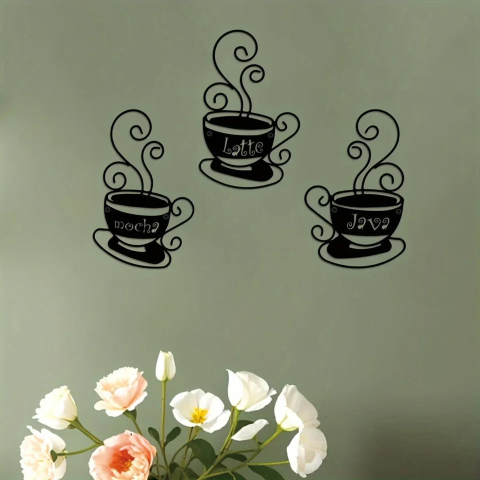 3KS/Set Metal Coffee Cup Decor Decor, Black Coffee Cup Silhouette, Kovová stena