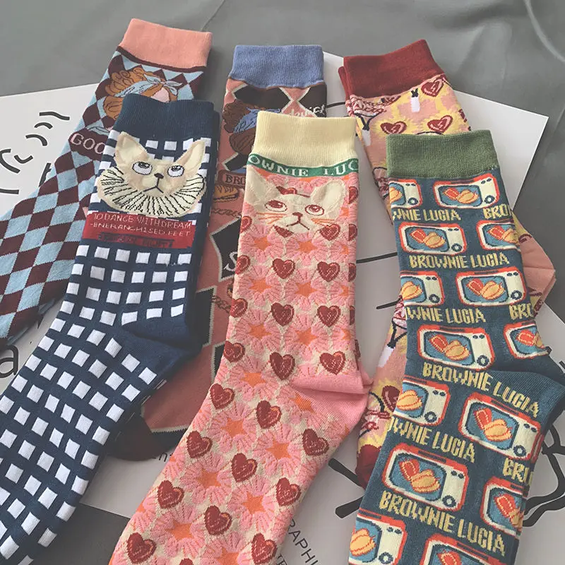 3ks/set ponožky Kawaii Men Ženy bavlnené ponožky retro veterný dlhý karikatúra ponožky zimné umenie Japonské lolita mačky ponožky Roztomilé ponožky posádky