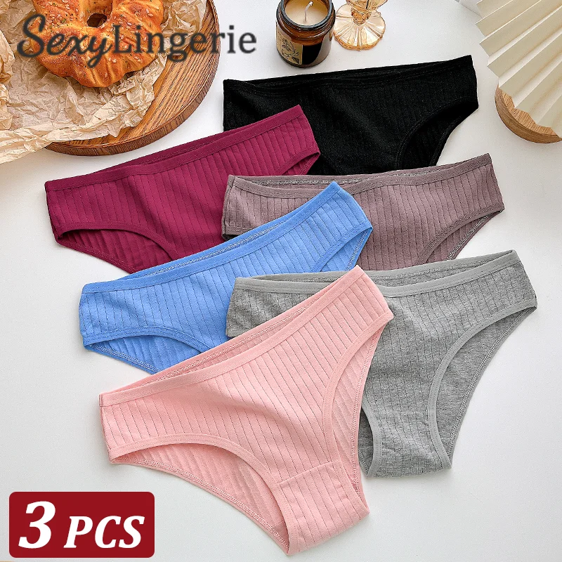 3ks/set žien bavlnené tuhé farby nohavičiek Dámy mäkké prúžky s nízkym pásom Underwear Žena Priedušné intimáty
