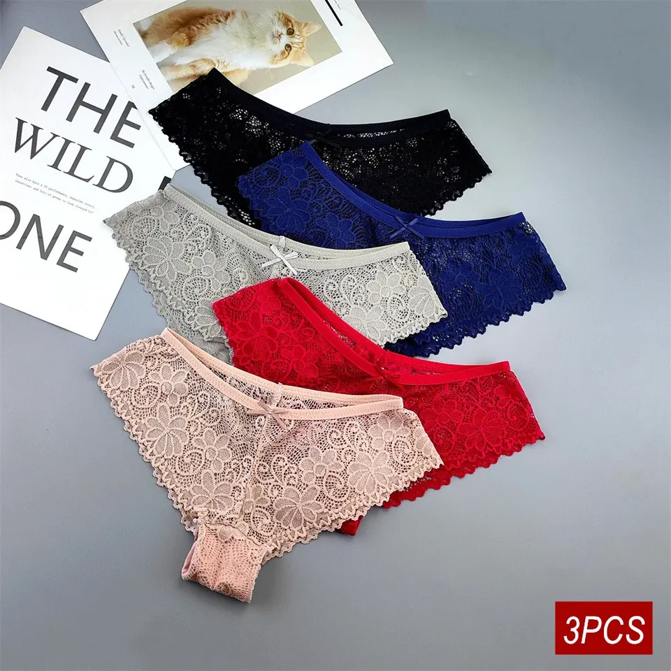 3ks sexy plné čipky dámske nohavičky duté na jacquard luk nohavičky s nízkym pásom Mäkká mäkká farba Priedušná spodná bielizeň
