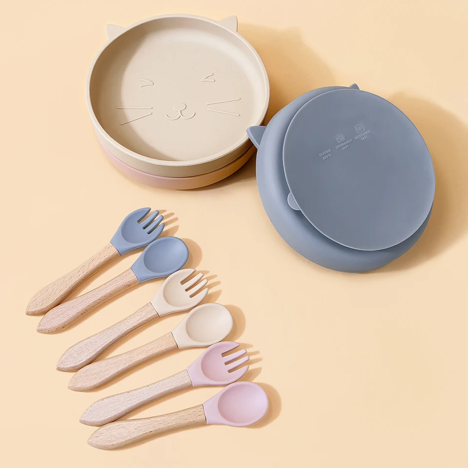3KS Silikónové detské kŕmenie Sada BPA Free Sation Bowl Rozdelená tanierska lyžica vidlice silikónové podbradníky pre deti