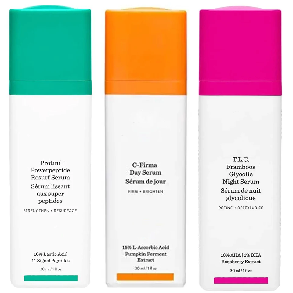 3ks TLC framboos Glycolic Night Serum a C-Fiema Day sérum a protini Powerpeptid Resurf Serum