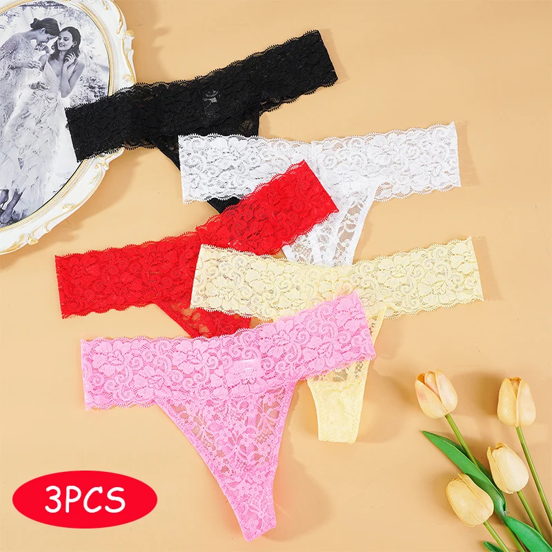 3KS Ženy čipky kvetinové nohavičky M-2xl Solidy sexy G-string Transparentné nohavičky s nízkym pásom Priedušné nohavičky ženské prílety Spodná bielizeň