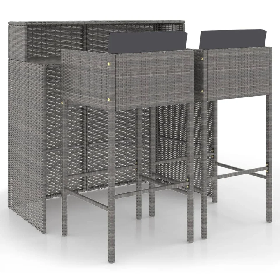 3ksová terasa Bar set s vankúšmi Poly Rattan Grey Outdoor Garden stolové stoličky Nábytok pre záhradný bazén