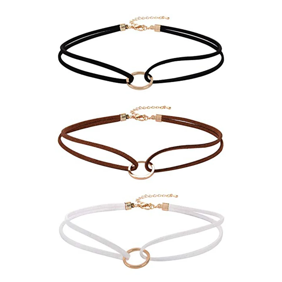3ksové gotické kruhové šokovanie prívesky Náhrdelník Ženy Punk Chocker Goliera (čierne, biele a hnedé lano)