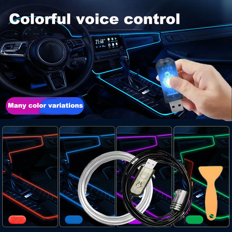 3M farebné autá interiérové ​​svetlá hlasové ovládanie dekoratívne okolité prostredie El Cold Lights Flexibilné neónové RGB LED prúžky USB vláknité optické lampy