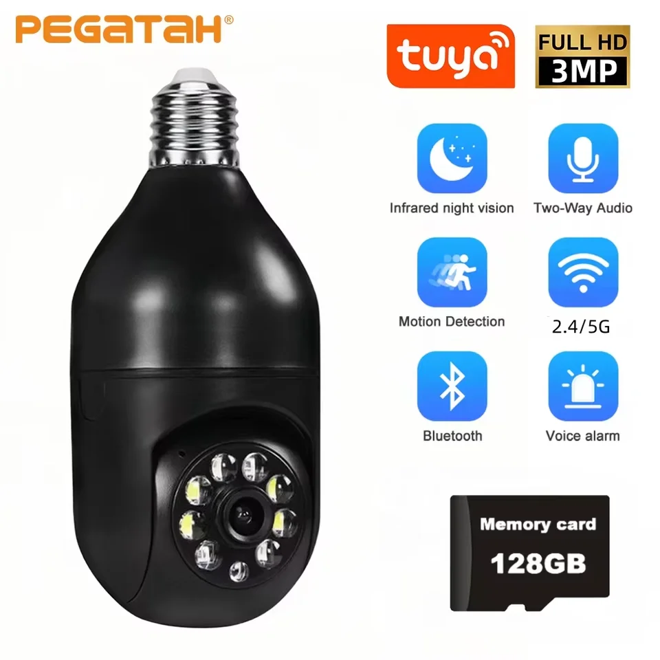3MP Tuya PTZ WiFi Panoramatic Camera Camera Domáce bezpečnostné nočné videnie obojsmerne zvukové sledovanie kamery bezdrôtových žiaroviek E27.