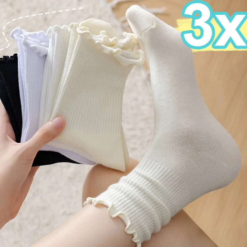 3Pairs Ruffle Cotton ponožky Dievčatá Dievča