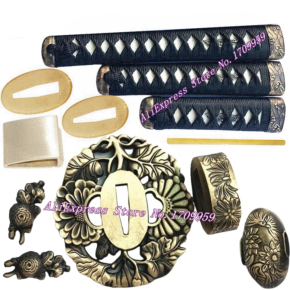 3pc*Japonská katana/wakizashi/tanto set tsuka meč kovania mosadz Chrysanthemum tsuba+menuki+fuchi+kashira+rukoväť+habaki+seppa