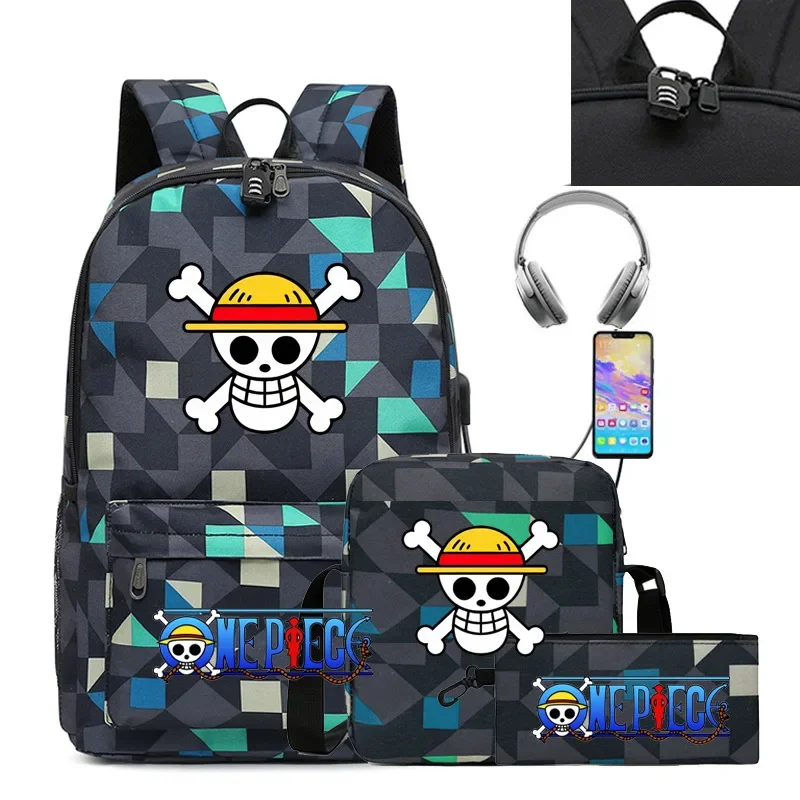3PC-Set One Piece Luffy Schoolbag Nabíjaný batoh študent One Piece Batoh Boys dievčatá anime karikatúra školská taška Mochila