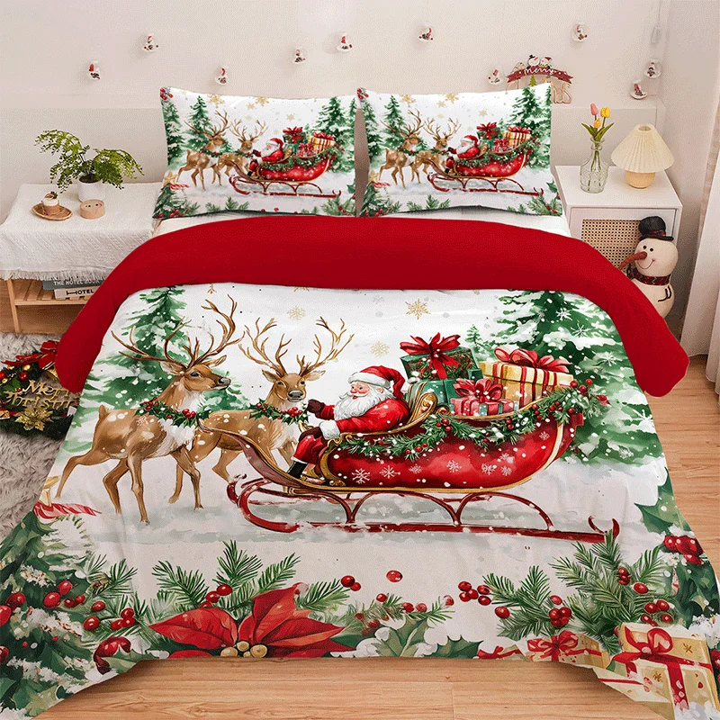 3PC SLED Elderly Duet Cover Cover Cute Elk Set Set Set (1 -Duvet Cover & 2pillowcases) Vianočný nábytok Decisk No Fller/Core