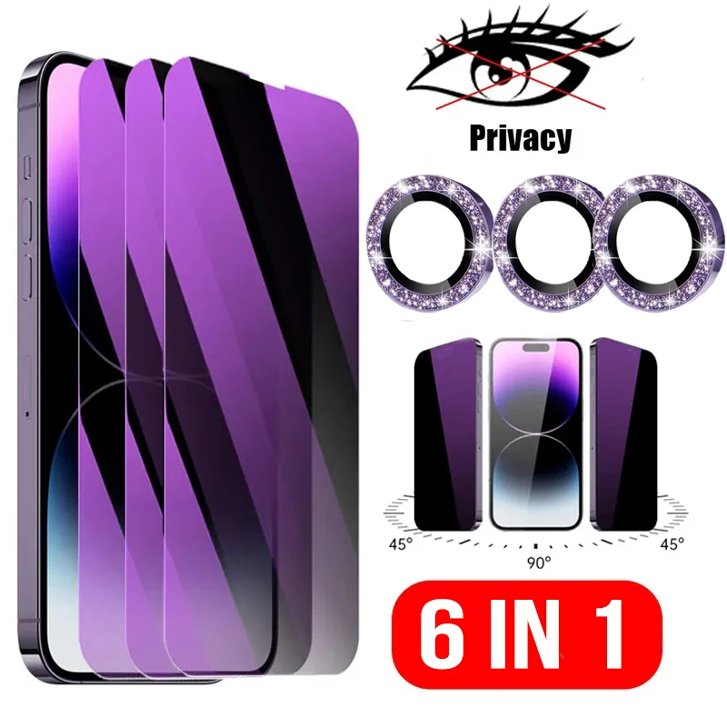 3pcs anti-spy sklo +3ks diamantové šošovky ochrana súkromia pre iPhone 16 15 14 plus 13 12 12 Mini Pro 16Pro Max Temperovaný film