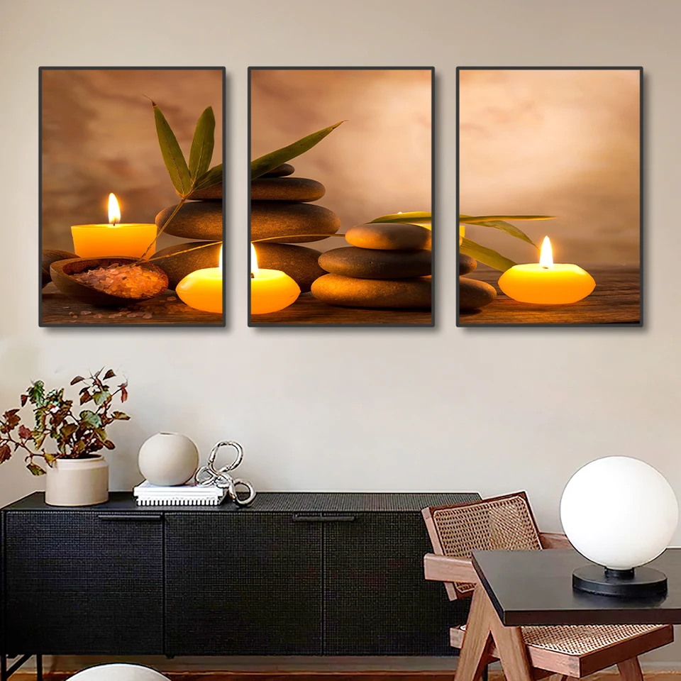 3pcs bezrámové plátno maľby maľby tlačí múry meditácia meditácie Zen Stones Artwons Aromatické horiace sviečky kúpele zátišie obrázky