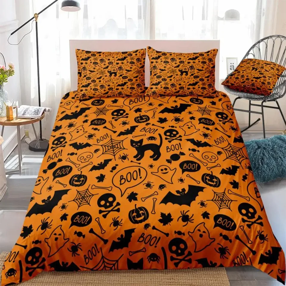 3pcs Halloween Bedding Set Orange Cover Cover netopiere lebky obliečky King King Dropship Spider Set Black Cartoon Kids Boys Girls Dievčatá