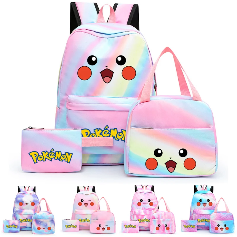 3pcs pikachu batoh set girl s obednou taškou pre ženy, študentský teenager pokemon rucksnack, farebná príležitostná školská taška Puzdro