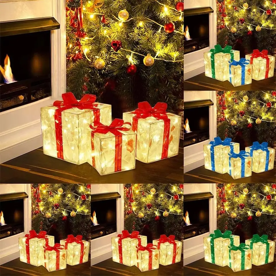 3pcs/set PVC vianočné darčekové boxy Set Lintum s lukmi Svetlo UP Prejdo Súčasné škatule skladacie vianočné žiariace dekorácie vonkajšie
