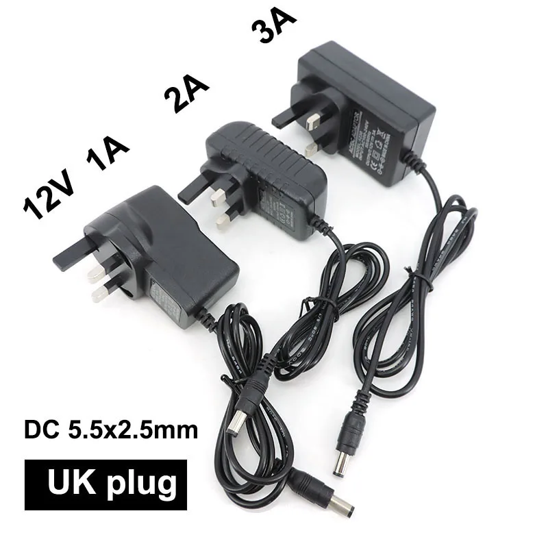 3Pin UK Plug AC 110V 220V až DC 12V 1A 2A 3A 2000MA 3000MA 3000MA Adaptéra nabíjača nabíjača nabíjača 5,5 x 2,5 mm pre LED pásik